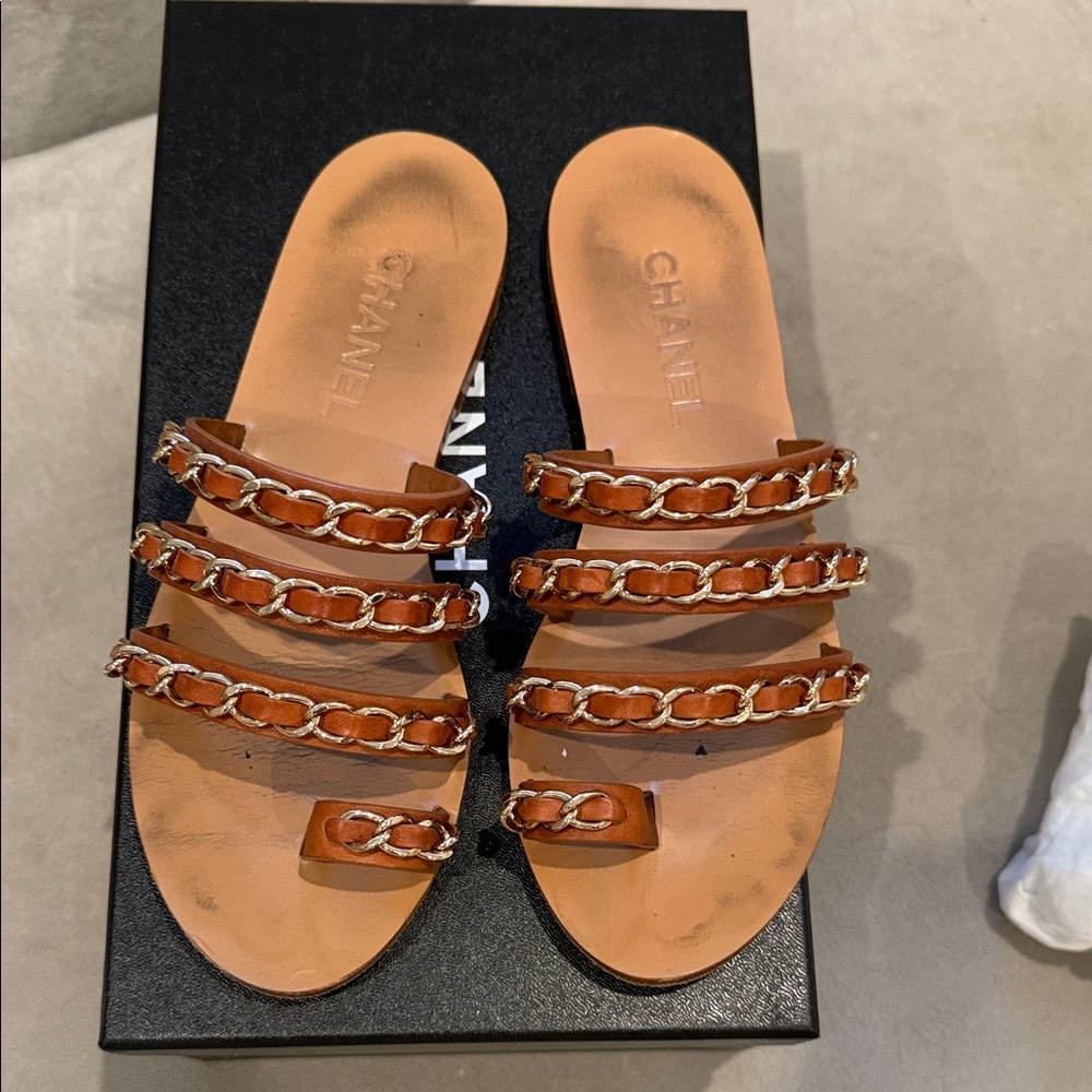 CHANEL Brown Leather Chain Sandals